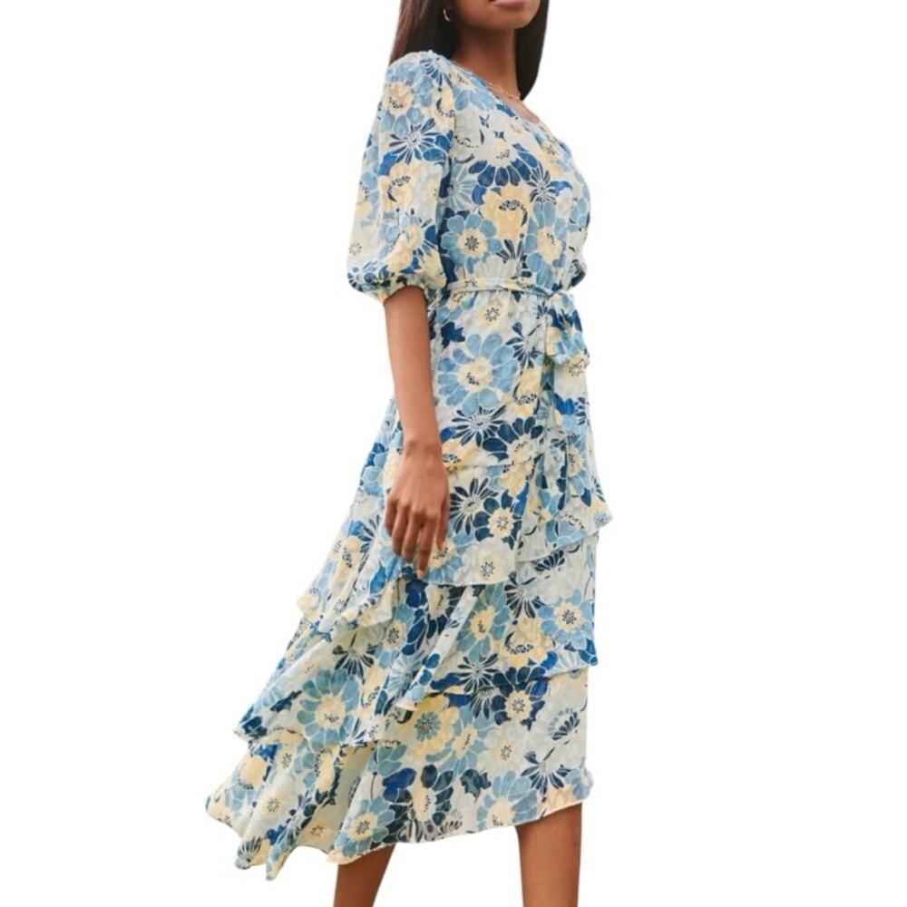 SugarLips Floral Midi Dress Ruffle Tiered Wedding Guest Romantic Cottagecore